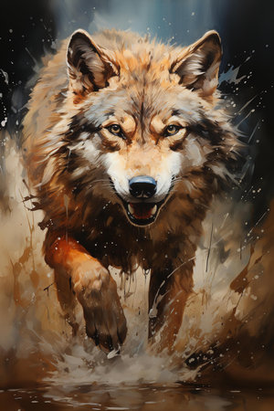 a painting of a wolf running towards the viewer. The wolf is in the center of the painting with its mouth open and its eyes focused on the viewer. The background is a dark brown colorの素材