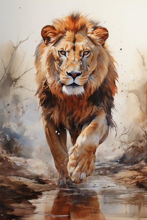 a watercolor painting of a lion walking towards the viewer. The lion is in a natural setting with a background of trees and bushes. The painting is done in a realistic style with a focus on the lion faceの素材