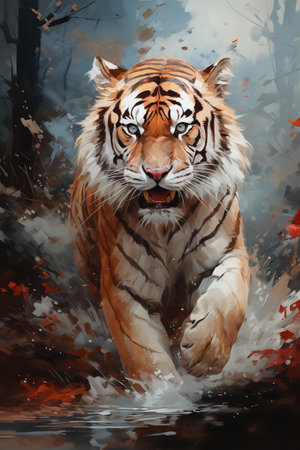a tiger walking towards the viewer. The tiger is in a forest setting with trees and foliage in the background. The painting is done in a realistic style with a focus on the tigerâs face and body.の素材