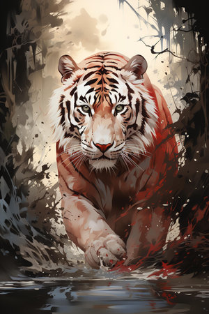 a Bengal tiger walking through a forest. The tiger is walking towards the viewer with its head down and its eyes focused. The background is a dense forest with trees and bushes.の素材