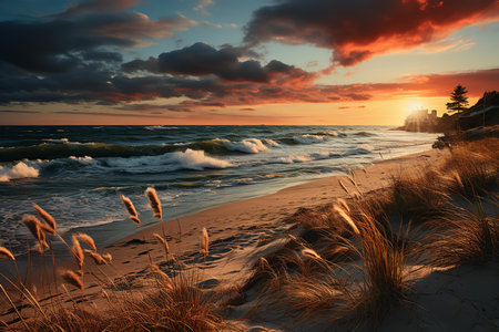 A breathtaking sunset over a sandy beach with waves crashing on the shore. The sun is setting over the horizon, casting a golden glow over the sand, waves, and sky.の素材