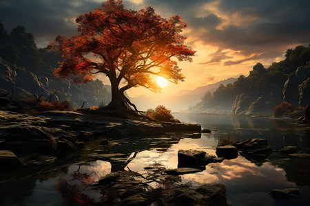 A vibrant red-leaved tree stands proudly in the middle of a calm river at sunset. The river is surrounded by lush green mountains and rocky banks. The sky is ablaze with orange and red huesの素材