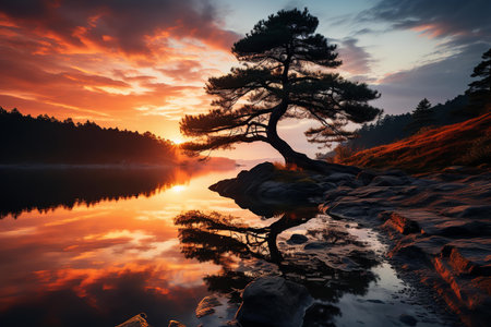A lone tree silhouetted against a fiery sunset sky stands tall on the shore of a tranquil lake. The water reflects the golden hues of the sunsetの素材