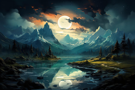 a serene mountain landscape at night with a full moon rising over the horizon. The scene is set at a peaceful lake in the foreground, surrounded by trees covered in snow.の素材