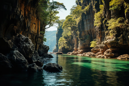 A pristine river flows through a verdant forest, its crystal-clear waters surrounded by lush green trees and boulders. The sunlight filters through the branches,の素材