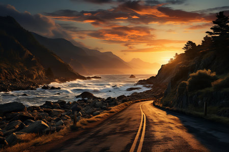 A scenic road winds along the coastline, framed by golden sand dunes and turquoise waters. The sun dips below the horizon, casting a fiery glow over the sky.の素材