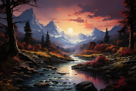 a mountain range with a river running through it. The painting is set during sunrise or sunset, with the sky painted in warm colors. The mountains are covered in snow and the trees are in autumn colorsの素材