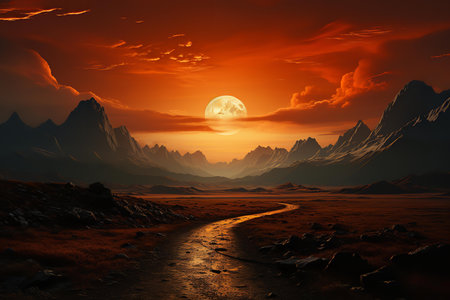 A breathtaking image of a full moon rising over a mountainous landscape, casting a silvery glow over the snow-capped peaks and evergreen forests.の素材