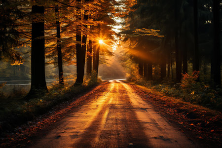 A beautiful winding road through a forest with the sun shining through the trees. The colors are warm and the mood is peaceful. The road is wet and the trees are tall and the leavesの素材