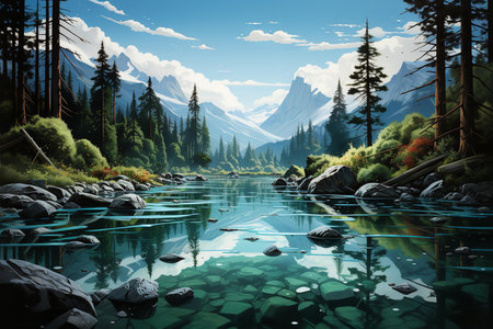a lake with a winding path and a stream. The sun is shining through the trees, creating a magical atmosphere. The trees are tall and green, and the path is winding through the woods.の素材