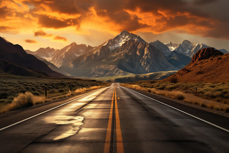 a long, straight road leading towards a mountain range with a dramatic orange sky. The photo captures the vastness and beauty of the American West.の素材