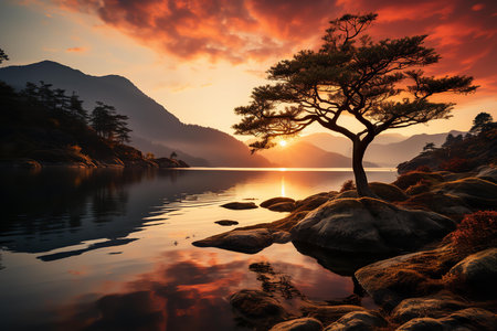 A majestic tree stands tall on the shore of a tranquil lake at sunset. The sun casts a golden glow over the water, and the tree's reflection shimmers on the surface.の素材