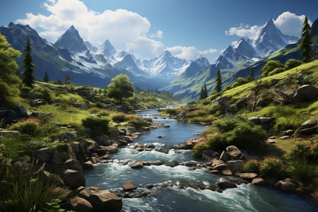 A breathtaking image of a river flowing through a mountain valley, surrounded by snow-capped peaks and lush greenery. The river is a winding ribbon of turquoise waterの素材
