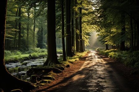 a beautiful sunrise in a dense forest with a winding path and a small stream. The sun is shining through the trees, creating a peaceful and serene atmosphereの素材