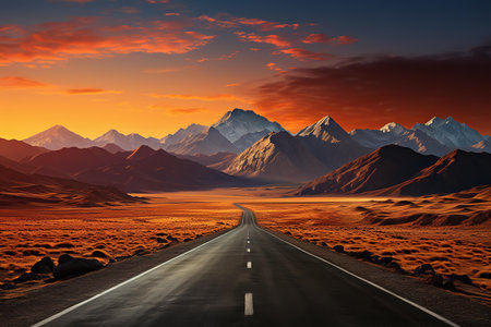 a long road leading towards a mountain range. The sky is a vibrant orange and the mountains are covered in snow. The road is empty and the landscape is barren.の素材