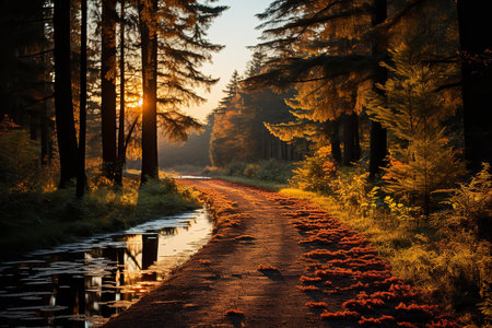 Tranquil dirt road winding through lush forest, sunlight filtering through trees, casting dappled shadows on the ground. Serene and peaceful scene, perfect for a nature walk or bike ride.の素材