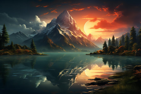 A breathtaking oil painting of a mountain and lake at sunset. The painting is a feast for the eyes, with its vibrant colors and stunning composition.の素材