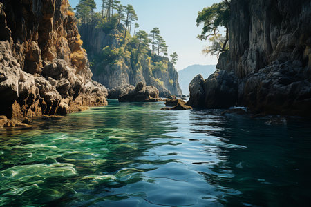 A pristine river flows between two towering rocky cliffs on a sunny day. The river is a clear blue, and the cliffs are covered in lush green trees. The sky is a brilliant blueの素材