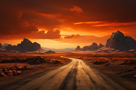 Breathtaking desert road winding through a vast landscape, with majestic mountains in the distance. The road is empty, and the sky is a brilliant blue, with a few puffy white clouds.の素材