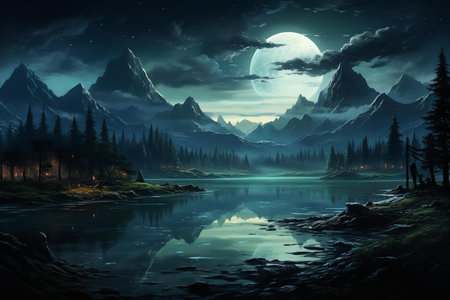 a beautiful night landscape with a full moon rising over a mountain range. The image is rich in colors and details, with a serene and peaceful atmosphere.の素材