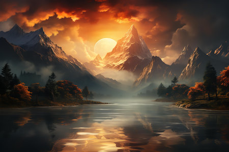 A majestic painting of the sun setting behind a mountain range. The painting depicts a breathtaking scene with the fiery orb of the sun casting its golden glow on the snow-capped peaksの素材