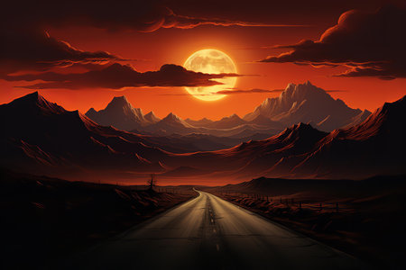 Breathtaking painting of a road leading into the sunset, with a mountain range in the distance. The road is winding and empty, and the sky is ablaze with colorの素材