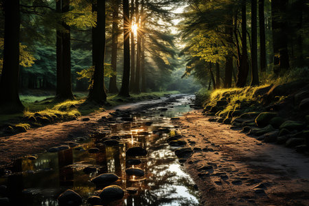 a winding road through a forest. The colors are warm and the mood is peaceful. The road is wet and the trees are tall and the leaves are changing colors.の素材
