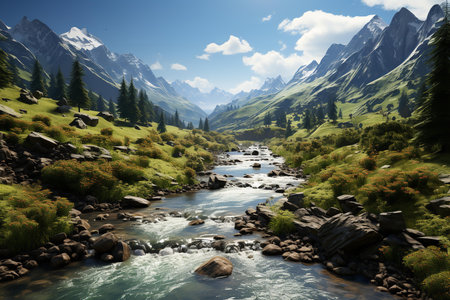 A breathtaking image of a river flowing through a mountain valley. The river is crystal clear and emerald green, and it winds its way through the lush vegetation and towering peaksの素材