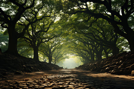 A serene cobblestone path winds through a lush forest of tall trees with green leaves. The path is lined with rocks and two people can be seen walking in the distanceの素材
