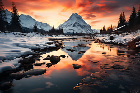 A breathtaking landscape of a snowy mountain with a beautiful sunrise. The sky is ablaze with orange and pink hues, and the snow-covered mountains are reflected in the still watersの素材