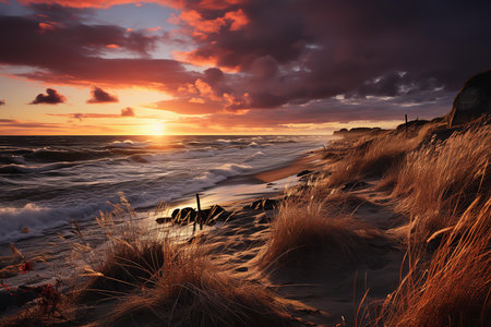 a stunning landscape of a beach at sunset with an orange sky and waves crashing onto the shore. The beach is covered in tall grass, which is illuminated by the setting sun.の素材