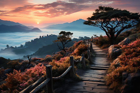 a stunning landscape of a mountain range with a wooden walkway in the foreground and an orange sky. The mountains are covered in snow and the sun is setting behind themの素材