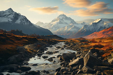 a mountain range with a river flowing through it. The mountains are covered in snow and the sky is a beautiful orange color.の素材