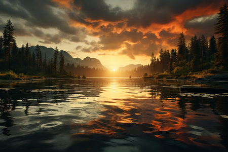 a lake at sunset with a dramatic sky. The lake is surrounded by trees and mountains, and the water is calm and reflectiveの素材