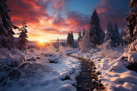 A stunning winter landscape of a river running through a snowy forest at sunset. The sun is setting low in the sky, casting a warm glowの素材