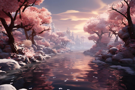 A picturesque view of a river surrounded by cherry blossom trees in full bloom. The delicate pink flowers of the cherry trees line the banks of the river, creating a tunnel of beauty.の素材