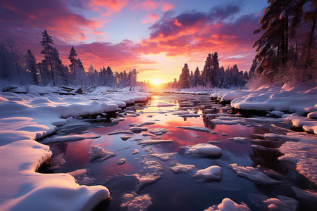 A stunning winter landscape of snow-capped mountains, a frozen lake, and snow-laden trees, all bathed in golden sunlight.の素材