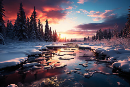 A breathtaking photo of a river running through a snowy forest at sunset. The crystal-clear water reflects the orange and pink hues of the skyの素材