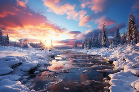 A breathtaking winter landscape of a sunset over a snowy forest river. The sun is setting low in the skyの素材