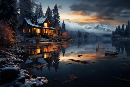 a cozy cabin in the woods with a lake and mountains in the background. The cabin is lit up with warm lights, and the sky is a beautiful orange and blueの素材