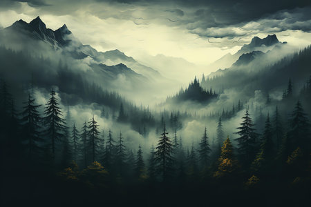 beautiful and moody landscape features a range of mountains with a dense forest in the foreground and a cloudy sky in the background. The image is a perfect example of natureâs beauty and the power of photographyの素材