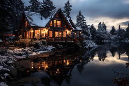 A cozy cabin in the woods surrounded by snow-covered trees and a dark, cloudy sky. Perfect for nature lovers and those who appreciate winter getawaysの素材