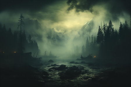 beautiful and moody landscape features a foggy forest with a river running through it. The trees are tall and the sky is a greenish hue. The mountains in the background are shrouded in fogの素材