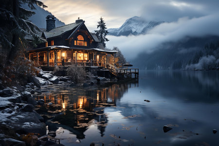 A cozy log cabin sits on the shore of a lake, surrounded by snow-capped mountains. The cabin is decorated with twinkling lights, and smoke rises from the chimney.の素材