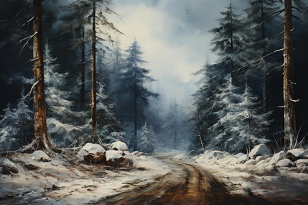 A picturesque winter scene of a car driving down a snow-covered road through a forest of towering pine trees on a sunny day.の素材