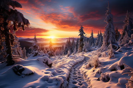 A breathtaking view of a winter wonderland, with snow-covered trees, frozen lakes, and the sun setting behind the mountains.の素材
