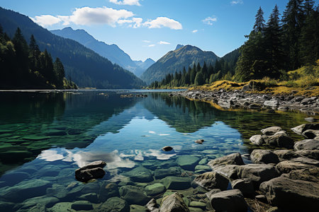 A breathtaking view of a tranquil lake surrounded by lush green mountains and trees. The crystal-clear water reflects the sky above perfectlyの素材