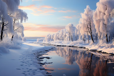 A breathtaking winter landscape of a river running through a snow-covered forest, with snow-capped mountains in the distance.の素材