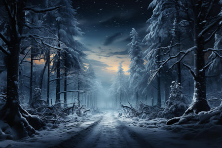 A winding road cuts through a snow-covered forest, its pristine white surface contrasting with the dark green of the pines and firs. The sun shines brightly overheadの素材