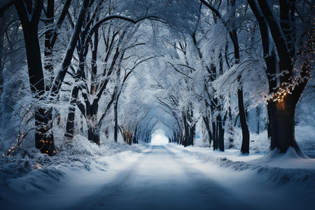 A snow-covered forest with Christmas lights strung from the trees, creating a magical and festive atmosphere.の素材